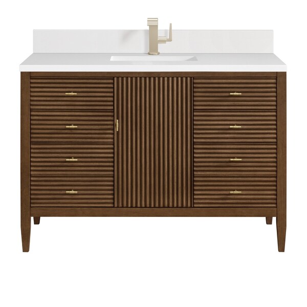 James Martin Vanities 48'' Vanity, Mid Century Walnut w/ Single Hole 3 CM White Zeus Quartz Top & Backsplash 485-V48-WLT-1WZ - main